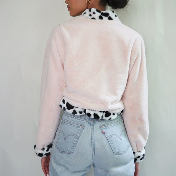 Cropped Fluffy Pink & Cow Print Jacket - Picture 3 of 6